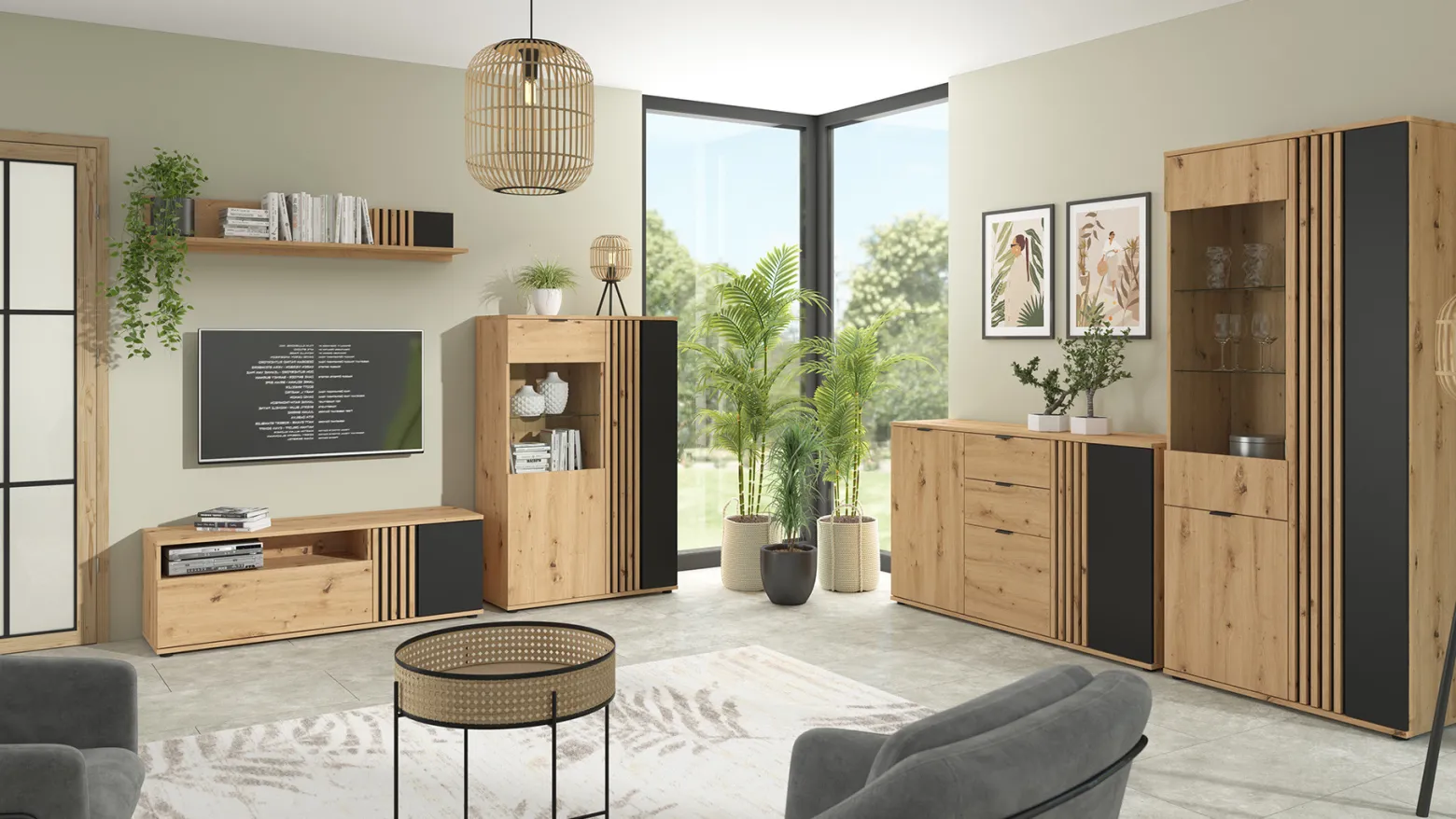 Szafka RTV Vabres 135 cm z drzwiami i szufladą dąb artisan lamele