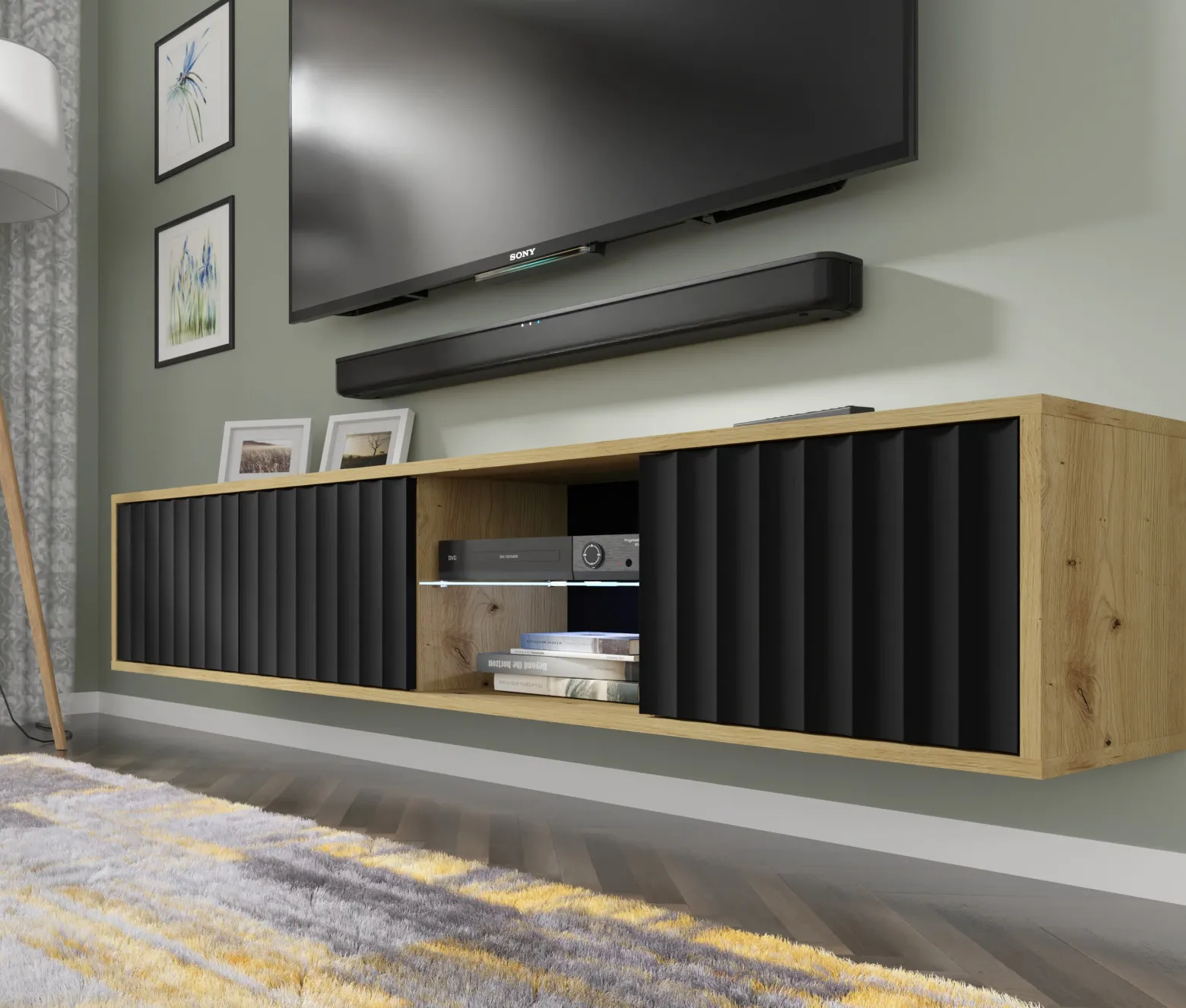 Szafka RTV VINA 156 cm wisząca frezowana dąb artisan/ czarny