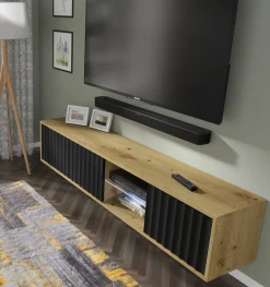 Szafka RTV VINA 156 cm wisząca frezowana dąb artisan/ czarny
