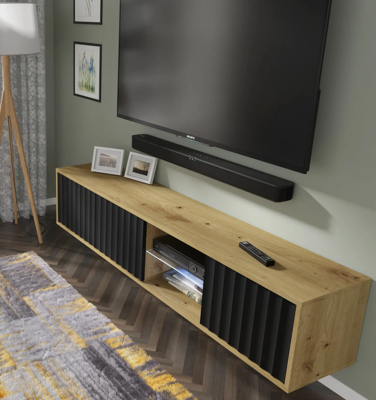 Szafka RTV VINA 156 cm wisząca frezowana dąb artisan/ czarny