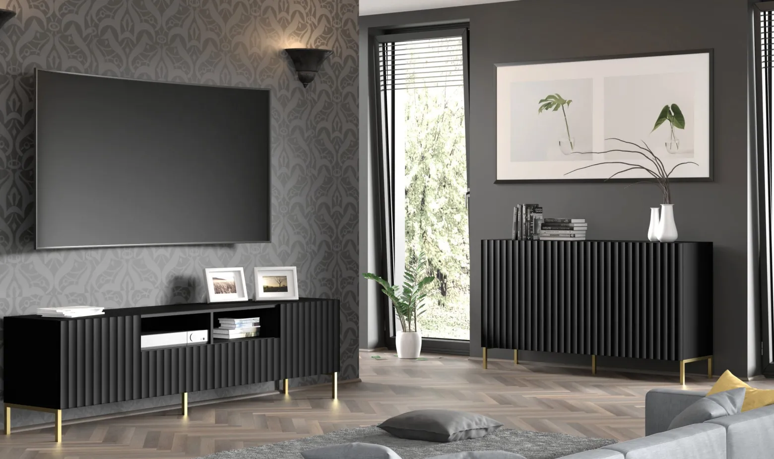 Szafka RTV WAVE 200 cm 2D2S frez czarny mat