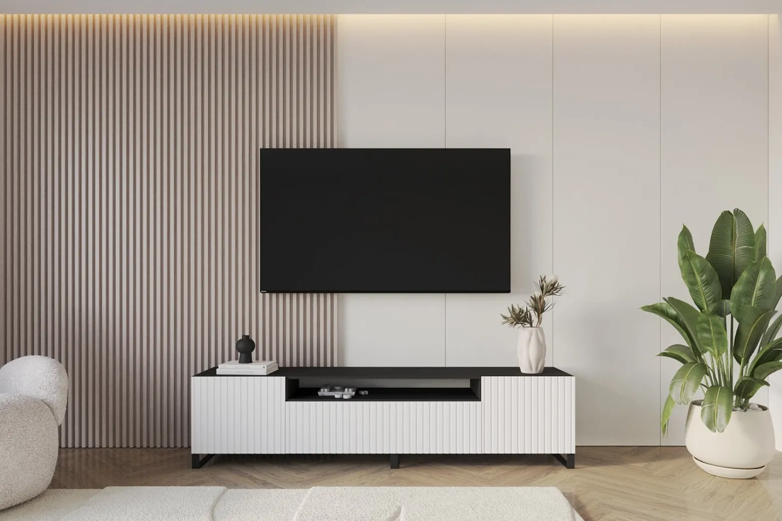 Szafka RTV z frezowanymi frontami stojąca KITO-S - 200x53x41 cm - Biały