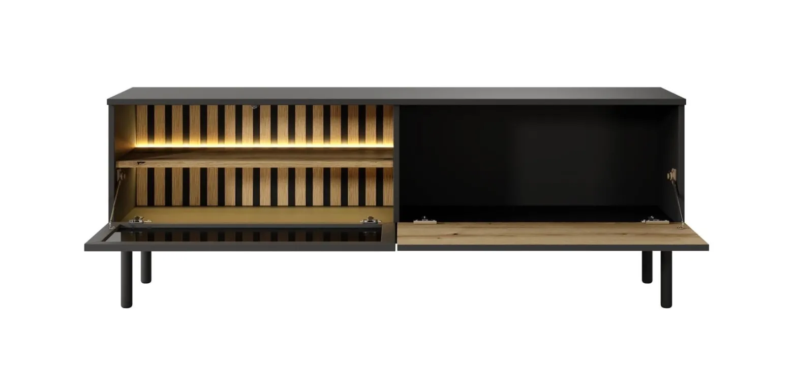 Szafka RTV z oświetleniem LED LANGO 150cm Czarny + Dąb Evoke