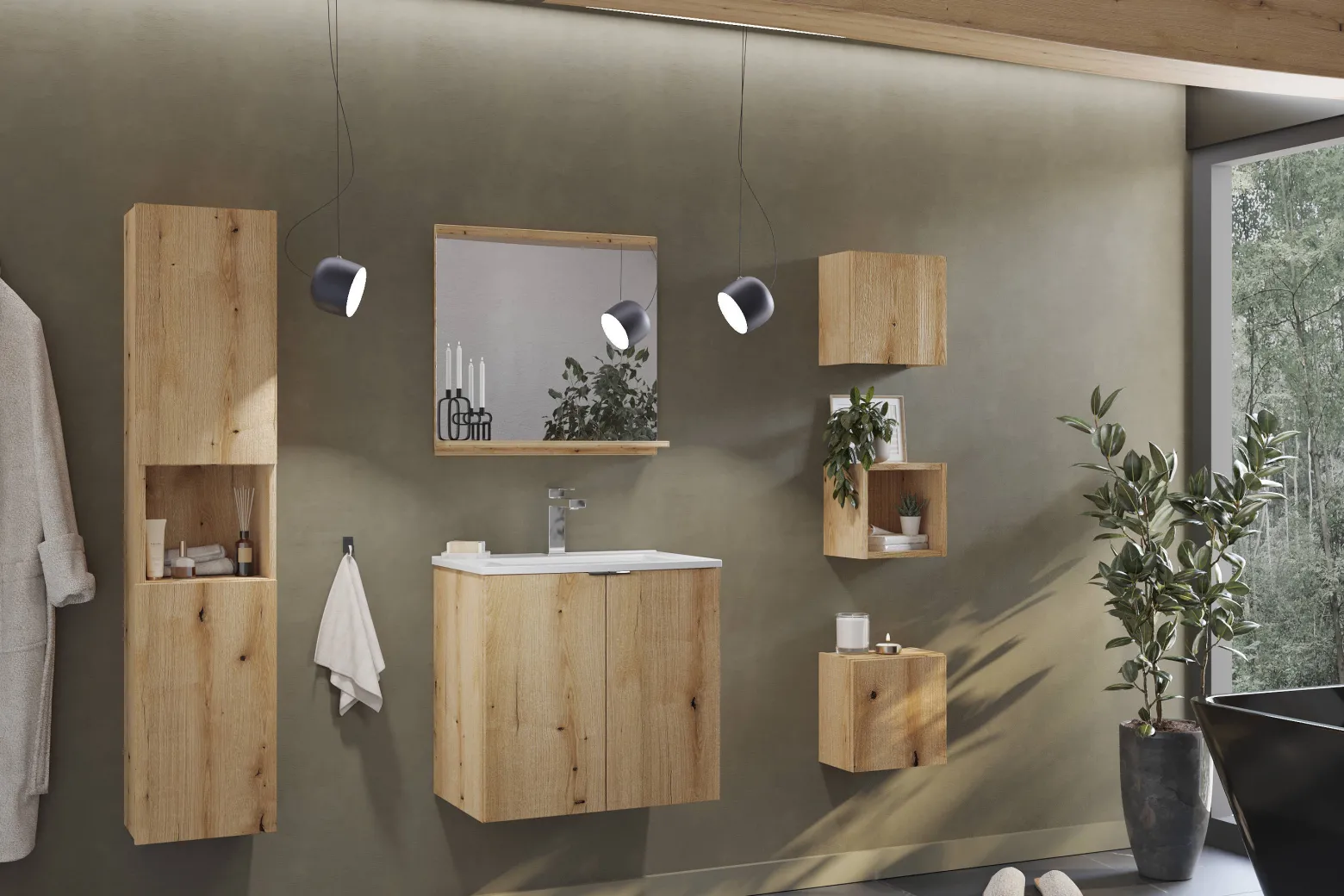 Szafka z Umywalką Nova Oak 120cm z Blatem i Dwiema Umywalkami Wiki