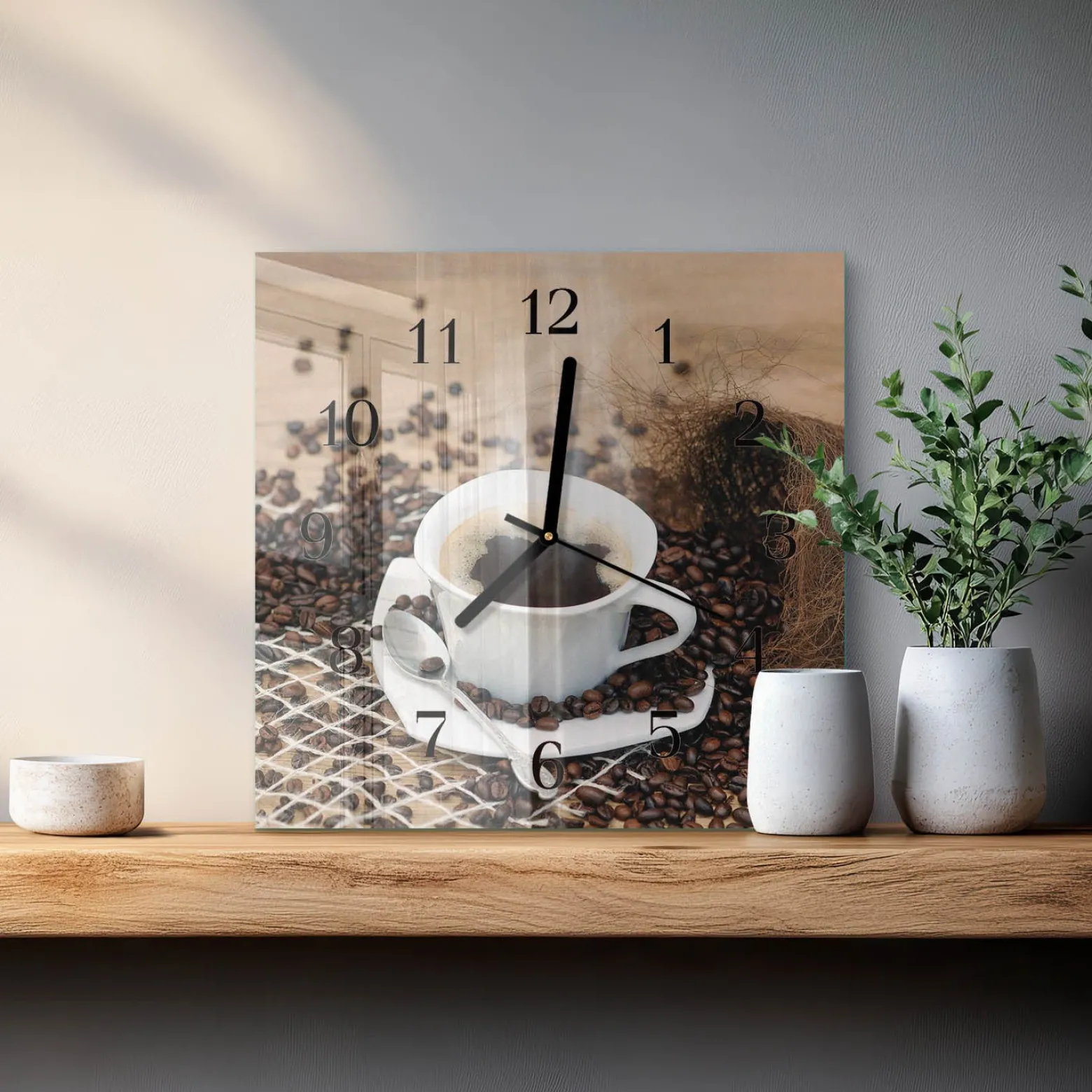 Szklany zegar 30x30 Filiżanka Kawy dekoracyjny do salonu