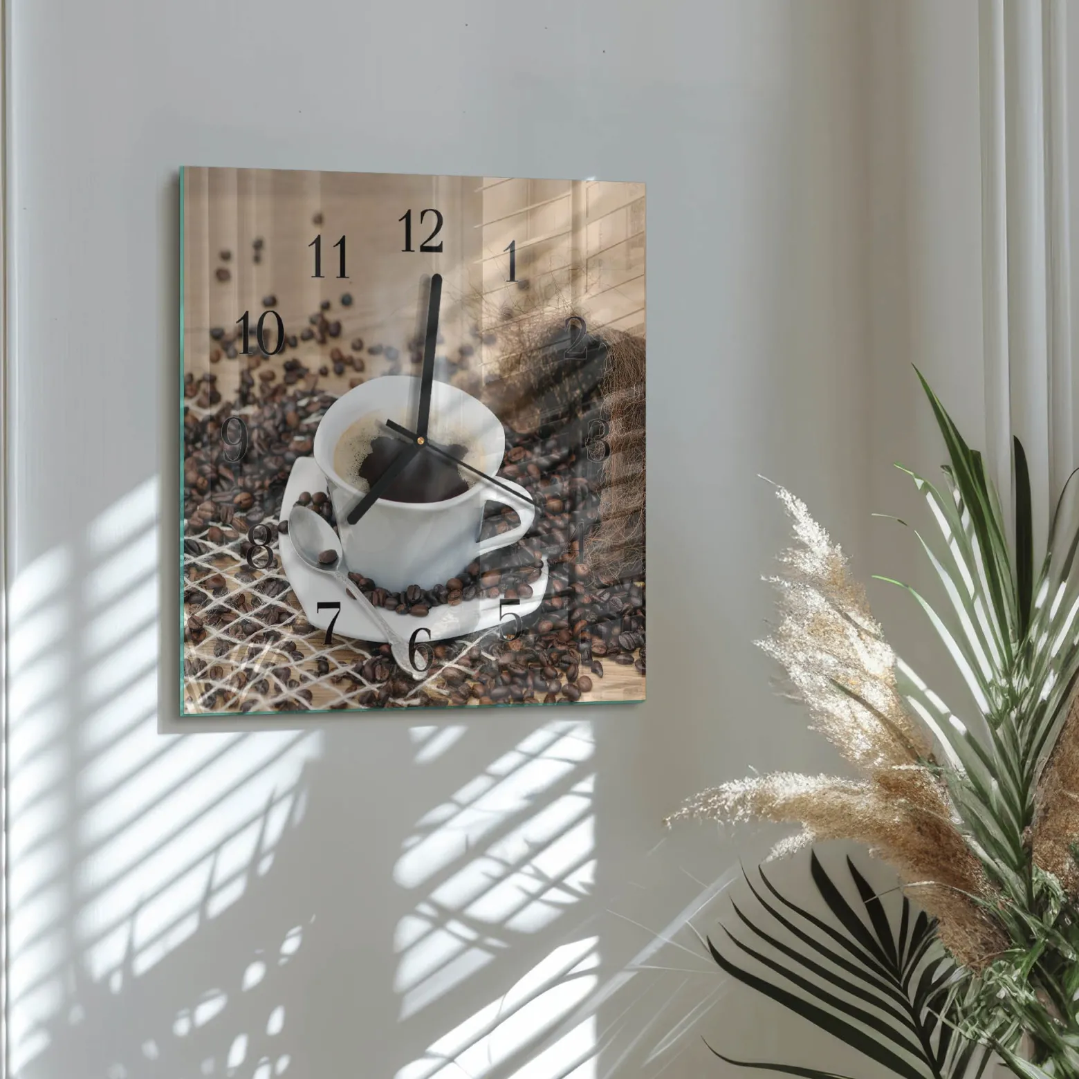 Szklany zegar 30x30 Filiżanka Kawy dekoracyjny do salonu