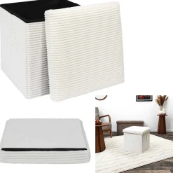Sztruksowa pufa Boxy kremowa ze schowkiem 38x38x38 cm nowoczesna