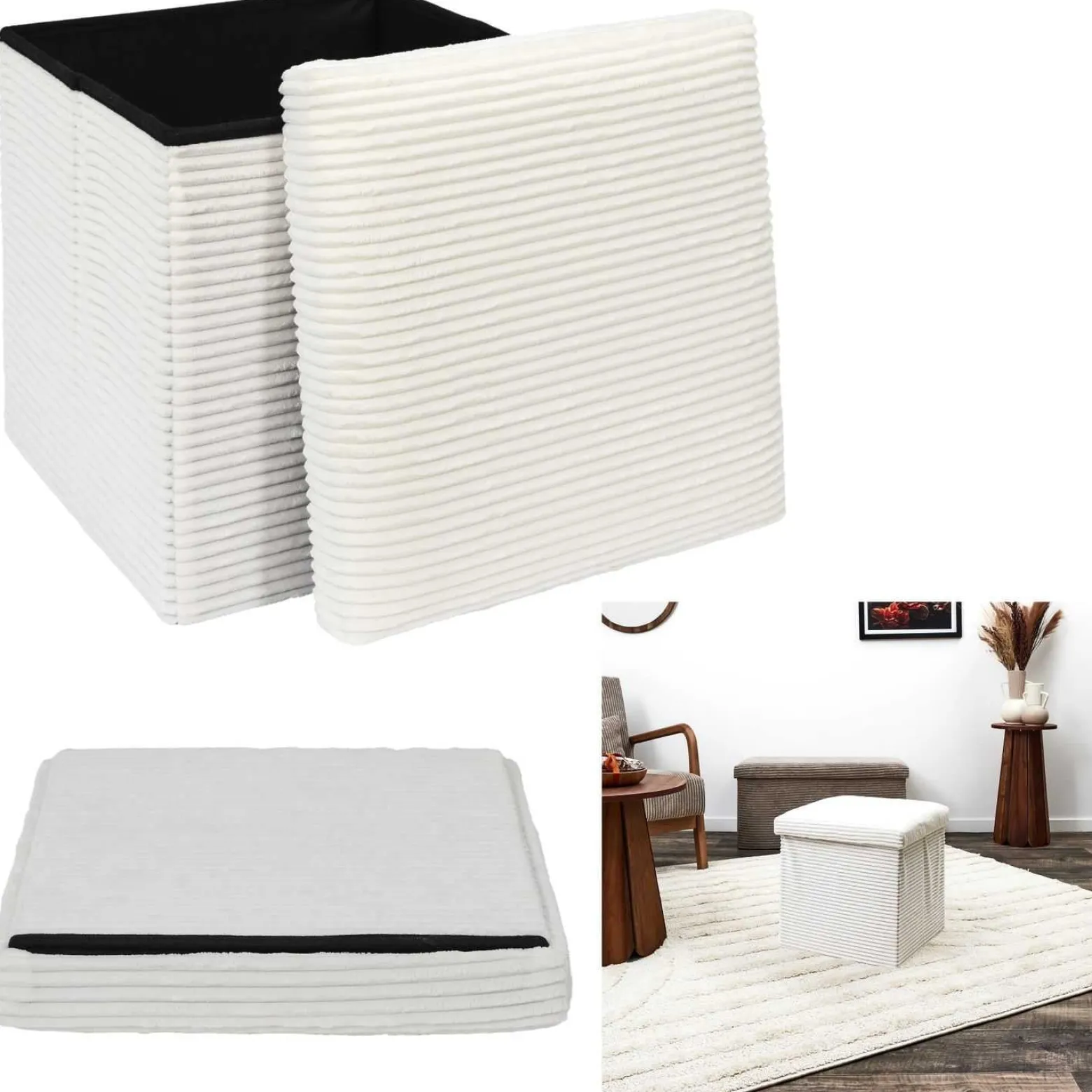 Sztruksowa pufa Boxy kremowa ze schowkiem 38x38x38 cm nowoczesna