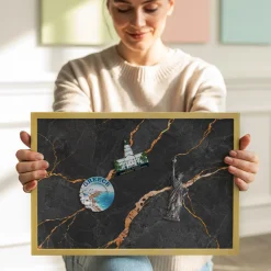 Tablica magnetyczna na ścianę, ciemny marmur, złota rama, 60x40, Tulup