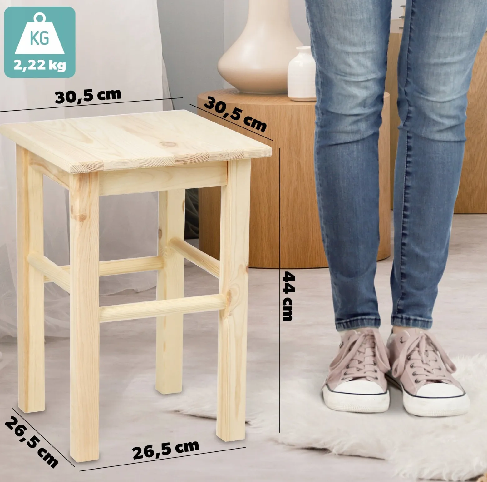 Taboret Drewniany Kuchenny Stołek Solidny 43,5 cm