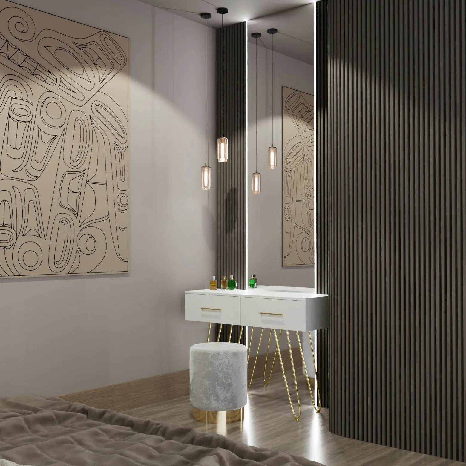 Toaletka CR3-C1 biała złote nogi uchwyty 2 szuflady konsola glamour komoda