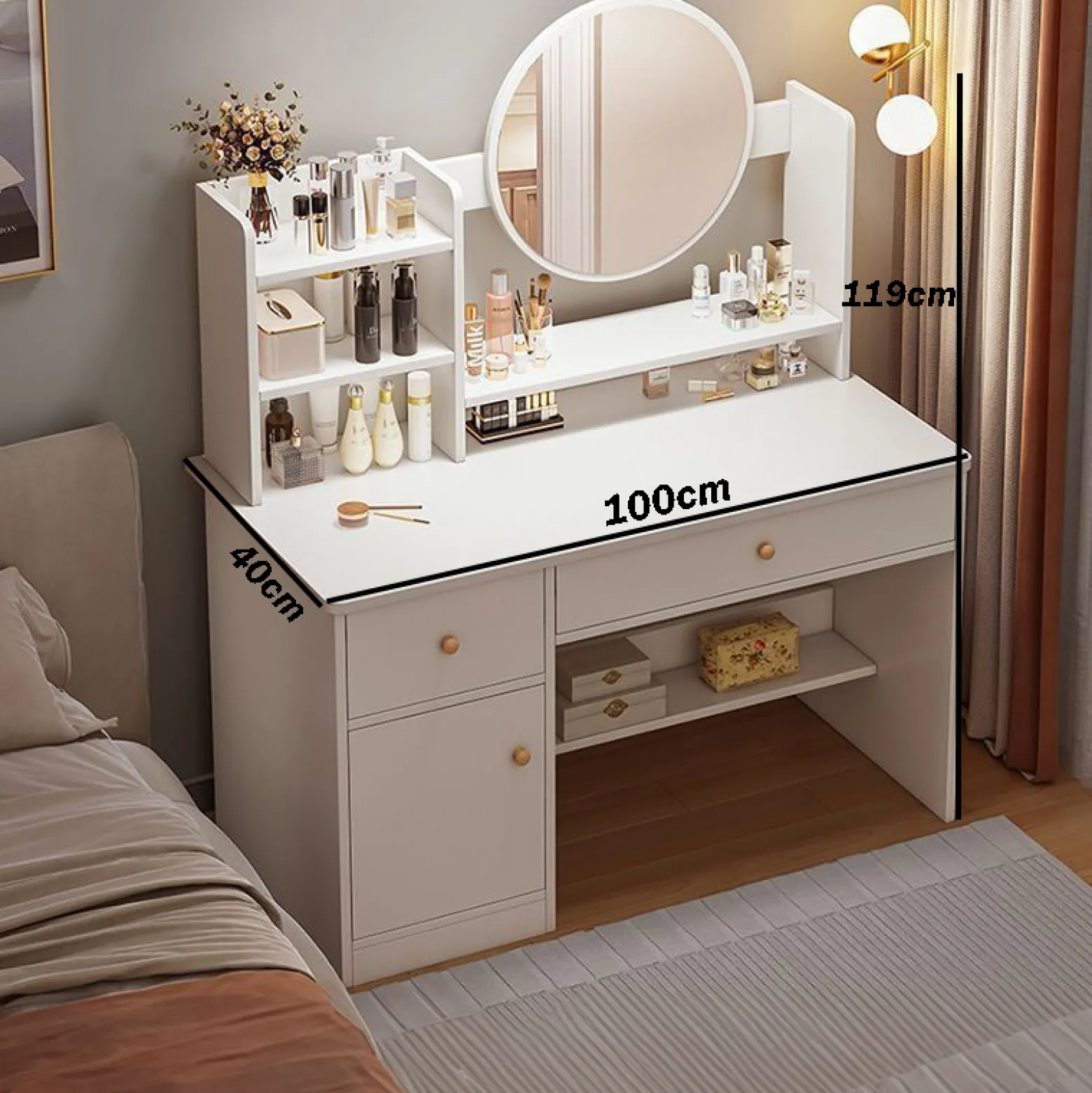 Toaletka z lustrem z szufladami biała glamour 100 cm