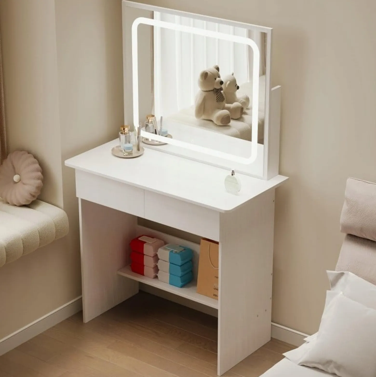 Toaletka kosmetyczna do makijażu z lustrem led nowoczesna 90 cm
