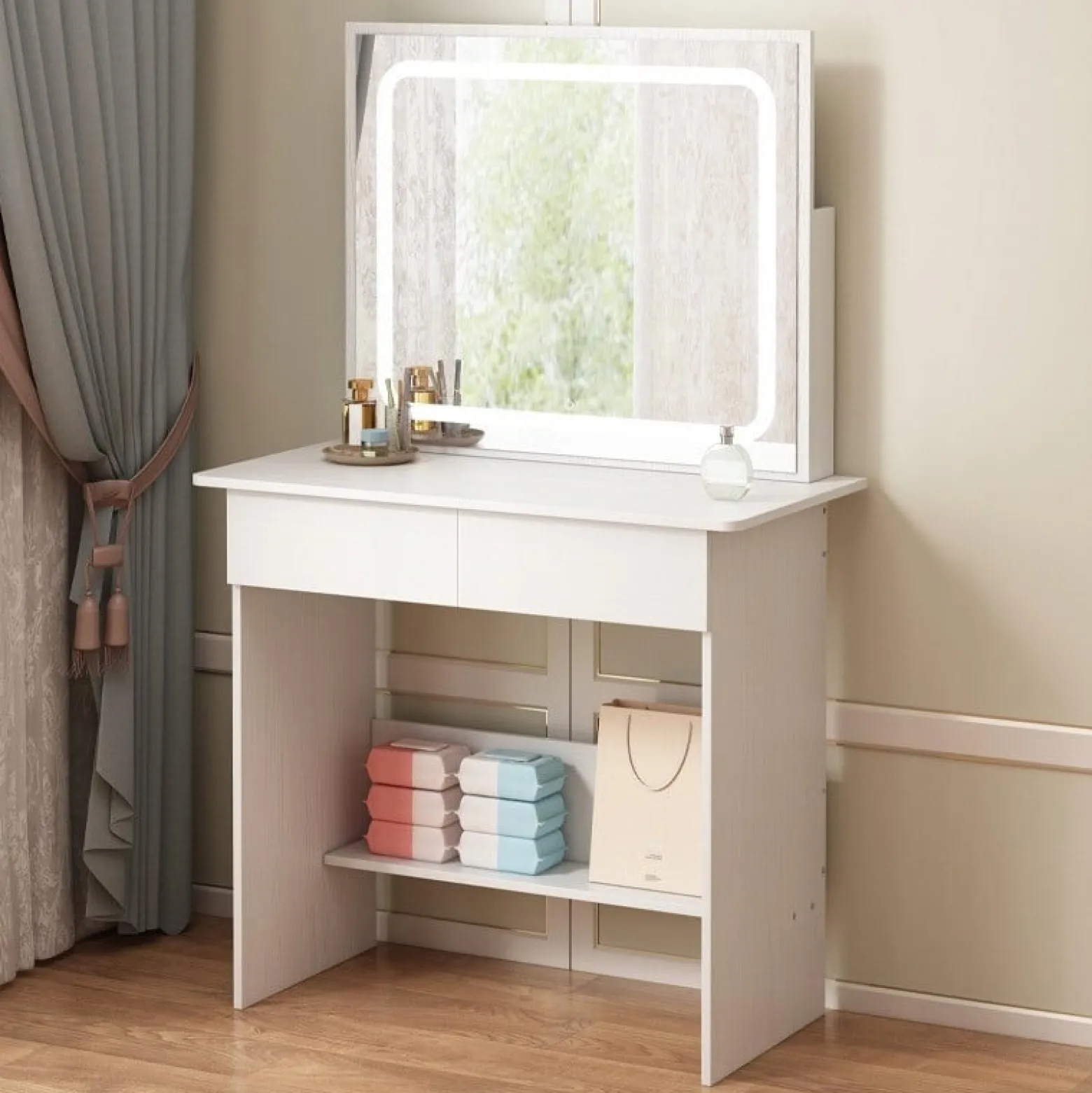 Toaletka kosmetyczna do makijażu z lustrem led nowoczesna 90 cm
