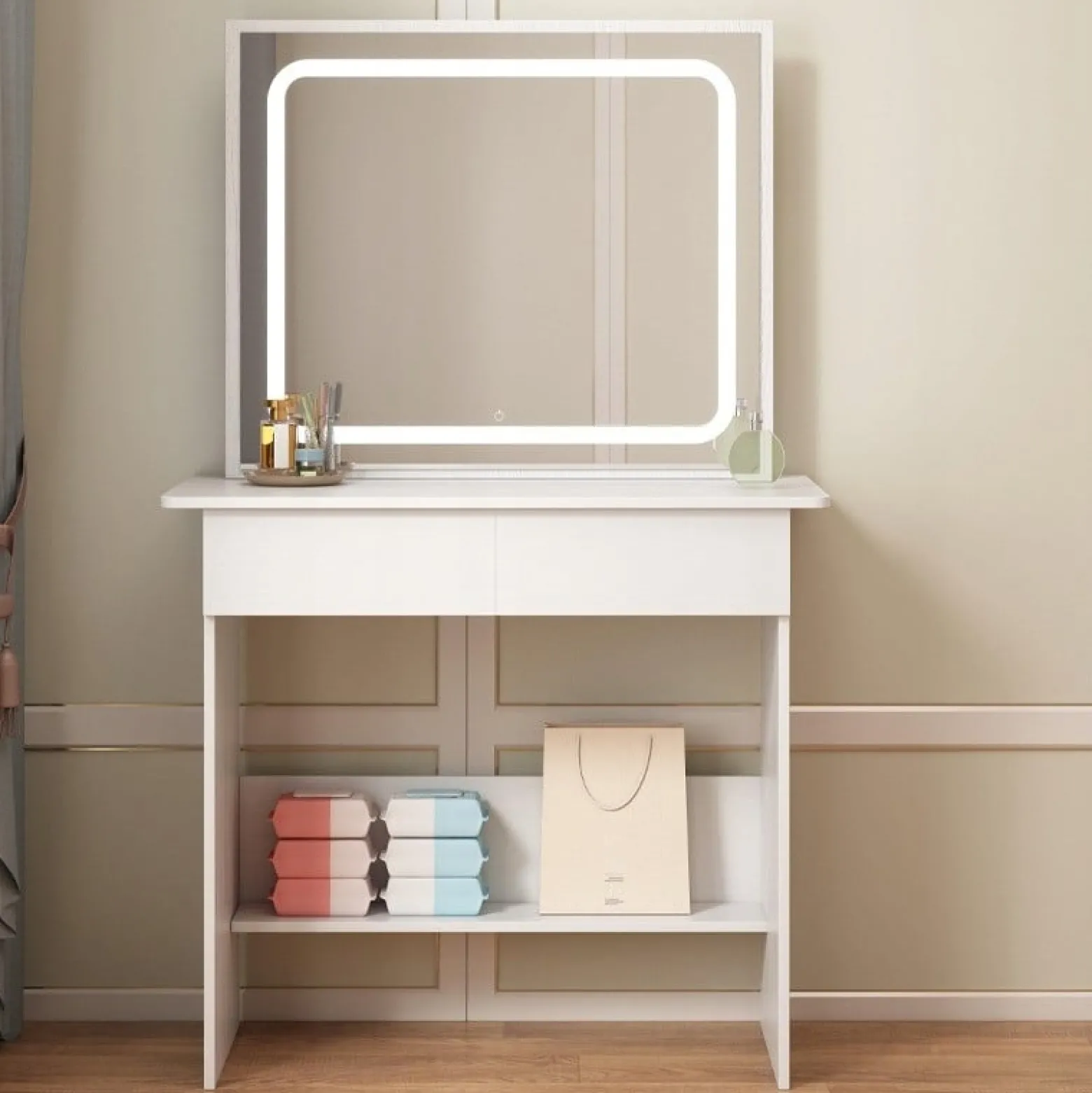 Toaletka kosmetyczna do makijażu z lustrem led nowoczesna 90 cm