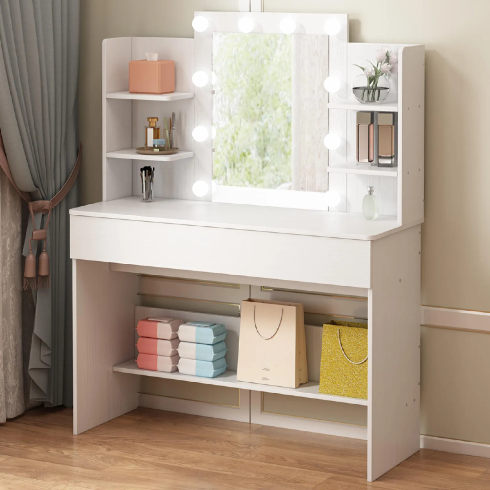 Toaletka kosmetyczna makijażu wizażu z lustrem led nowoczesna 110 cm