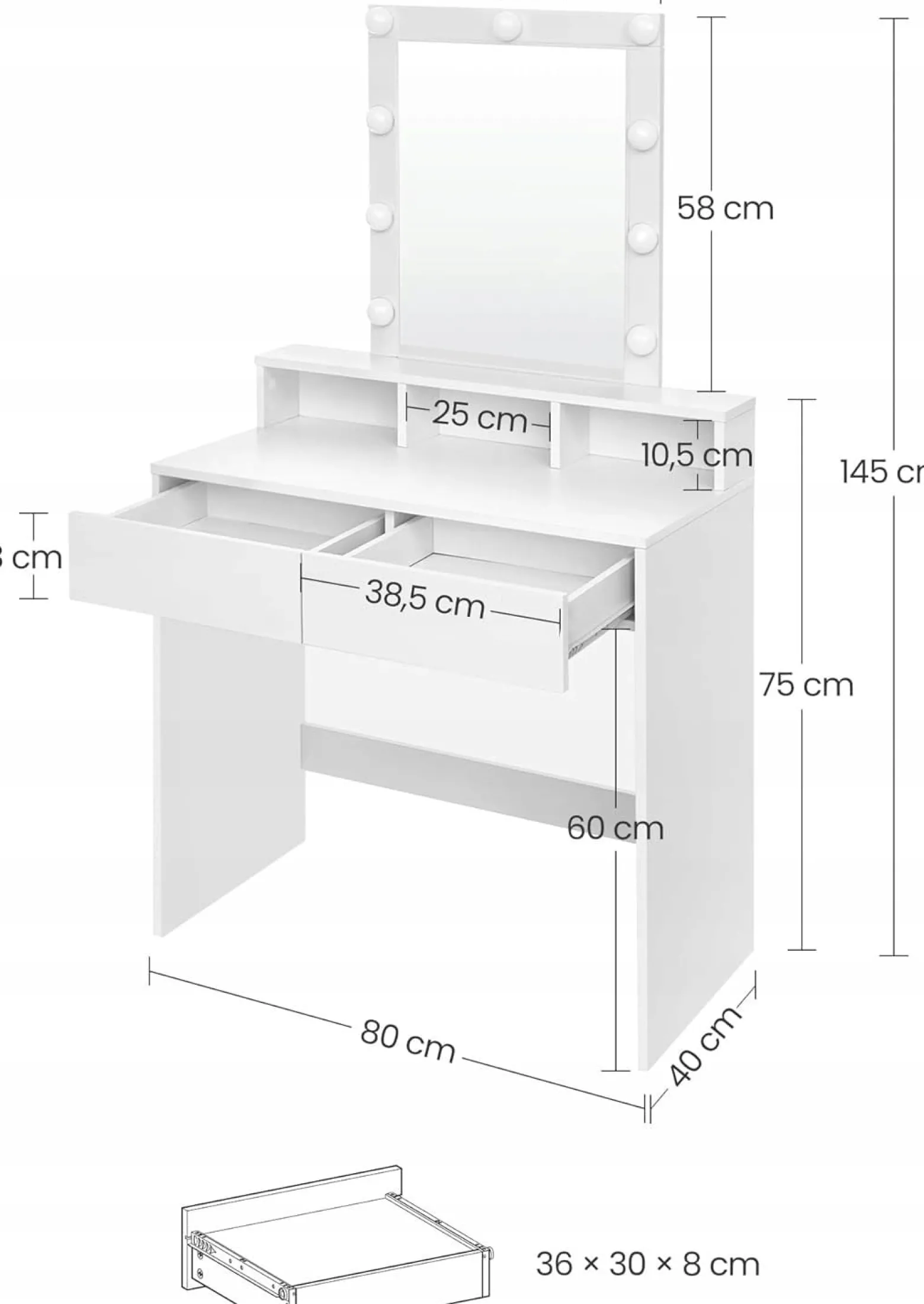 Toaletka loft do makijażu wizażu kosmetyczna z lustrem led nowoczesna 80 cm