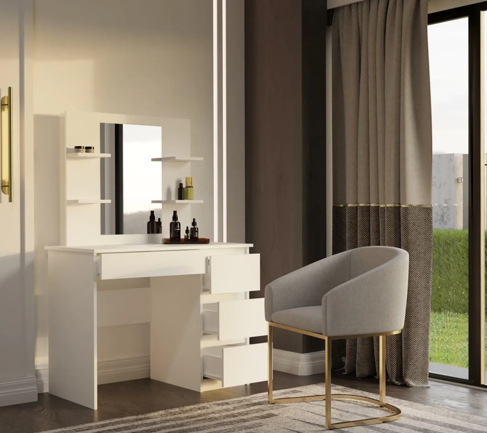 Toaletka Marina 4P Lustro Mijas Prawe 4 Szuflady 4 Półki Biała Do Sypialni