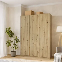 Trzydrzwiowa szafa uchylna z półkami i drążkami 150 cm ASAN dąb artisan