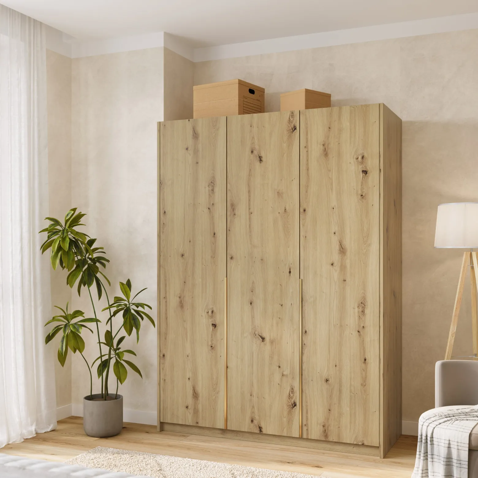 Trzydrzwiowa szafa uchylna z półkami i drążkami 150 cm ASAN dąb artisan