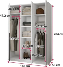 Trzydrzwiowa szafa uchylna z półkami i drążkami 150 cm ASAN dąb artisan