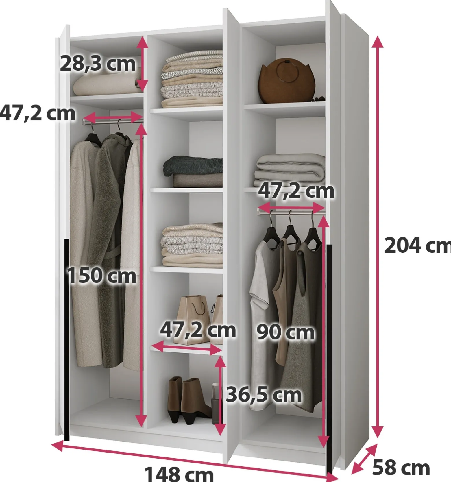 Trzydrzwiowa szafa uchylna z półkami i drążkami 150 cm ASAN dąb artisan