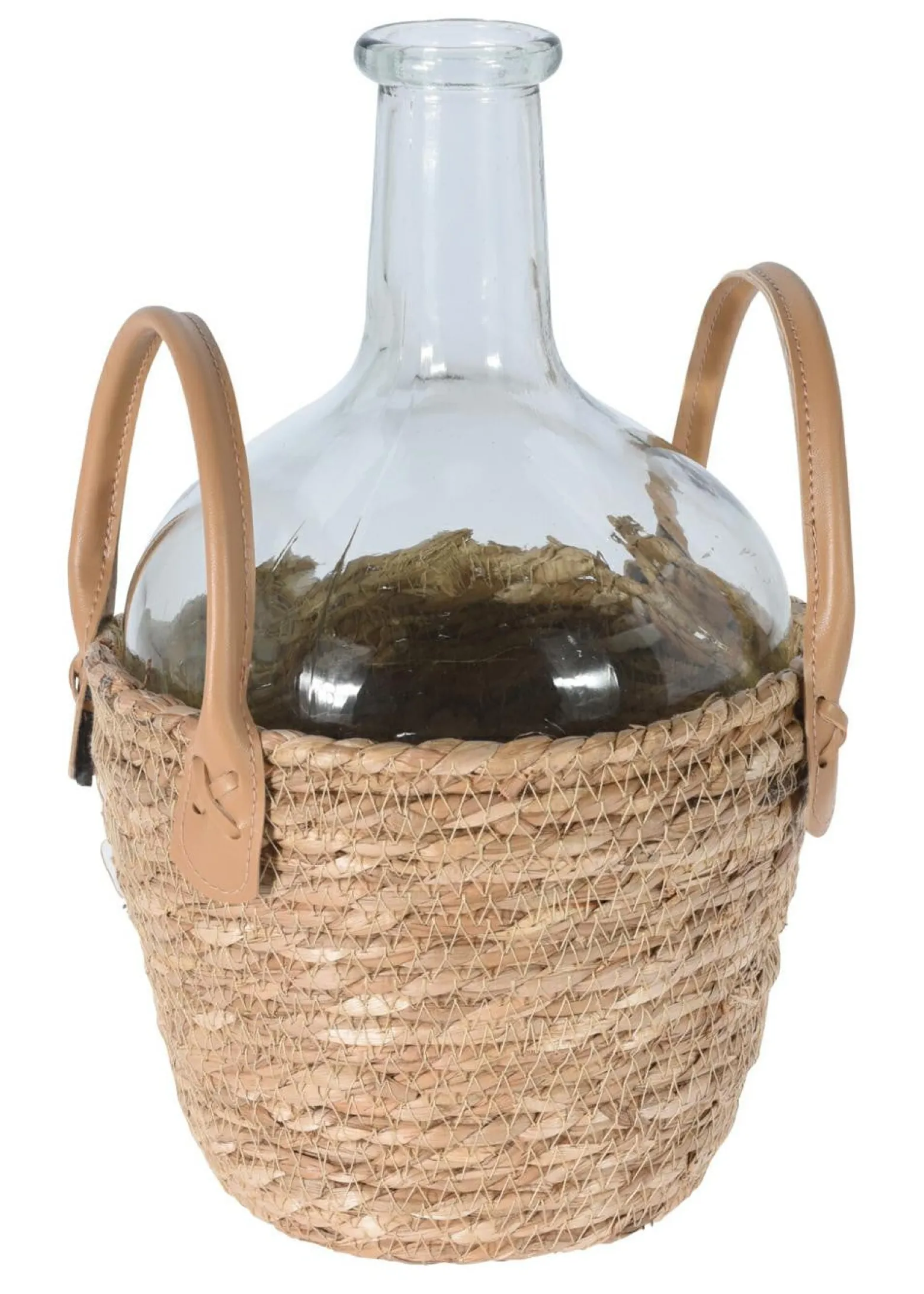 Wazon szklany boho butelka w plecionej osłonie z trawy morskiej 31 cm
