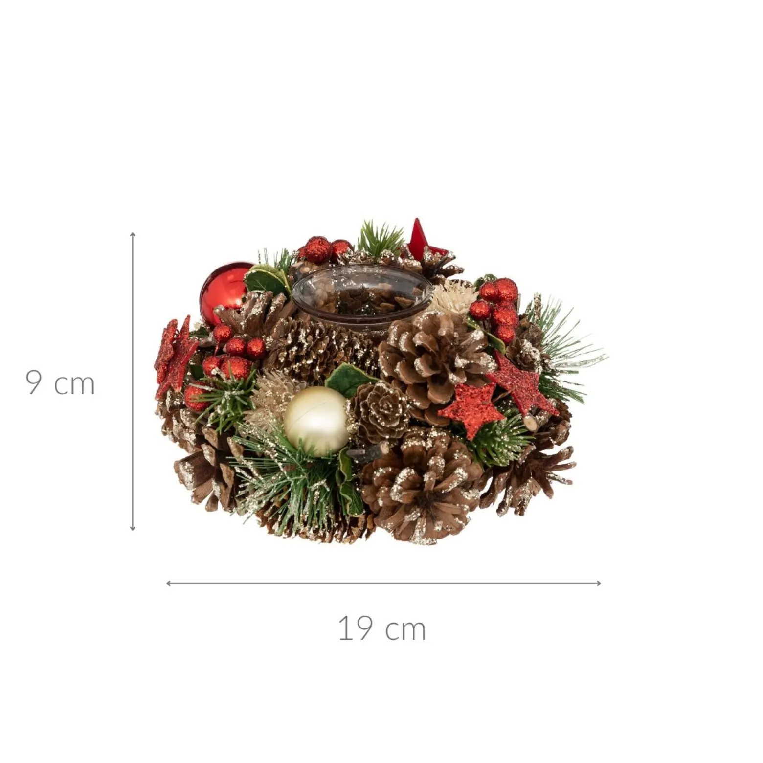 Świecznik z szyszek i bombek, 19 cm
