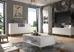 Witryna Ravenna B 1D frez MDF biały mat + RAMA ZŁOTA