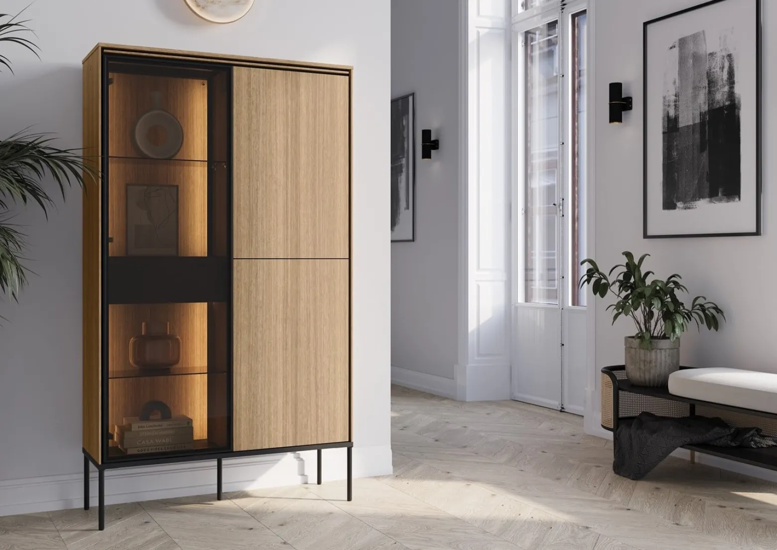 Witryna wysoka VISSO VI-01 z oświetleniem LED dąb linearny