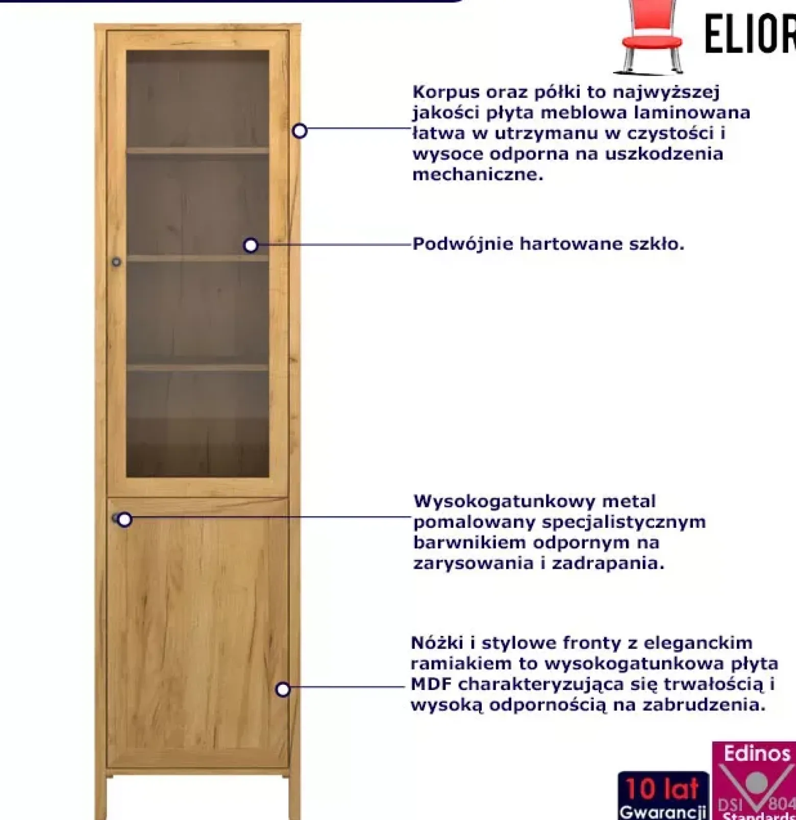Wąska witryna na nóżkach z szafką dąb craft złoty - Zyax