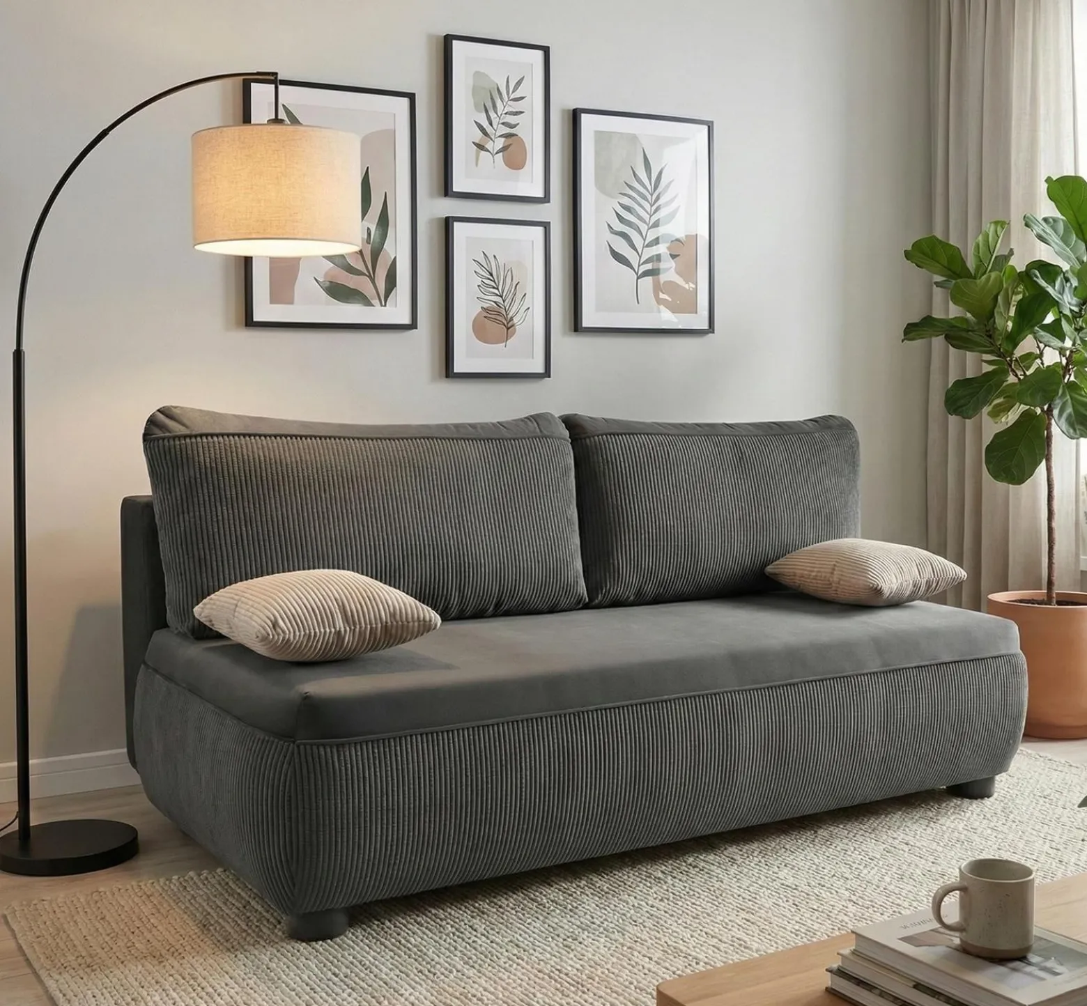 Wygodna sofa sztruksowa ADDA Ciemnoszara – funkcja spania, mechanizm DL