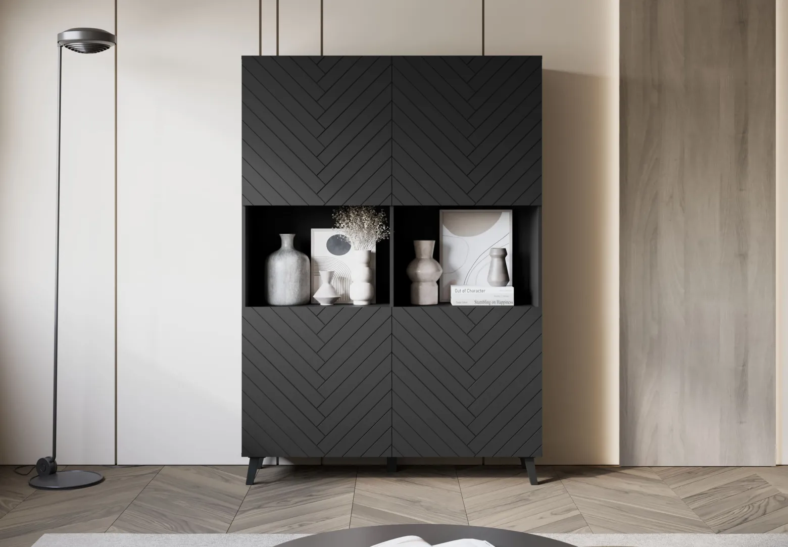 Wysoka komoda LOKET 160 cm czarny grafit/czarny MDF wzór M3