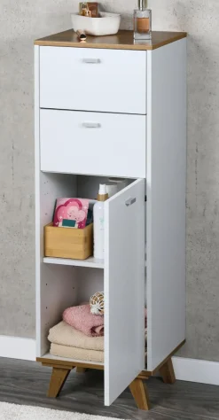 Wysoka szafka łazienkowa słupek 96 cm biała z drewnem 2 szuflady