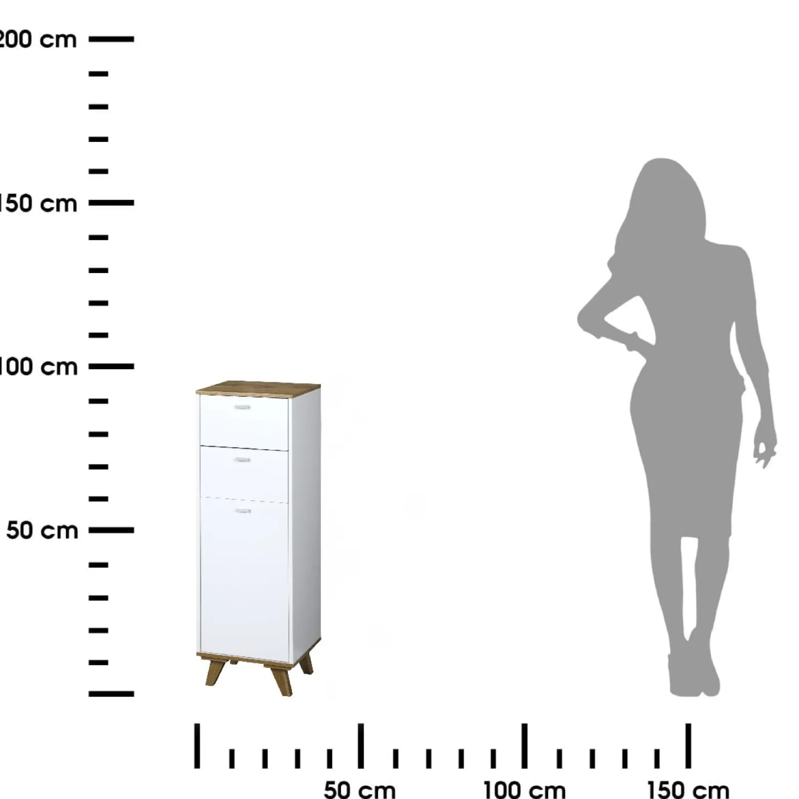Wysoka szafka łazienkowa słupek 96 cm biała z drewnem 2 szuflady