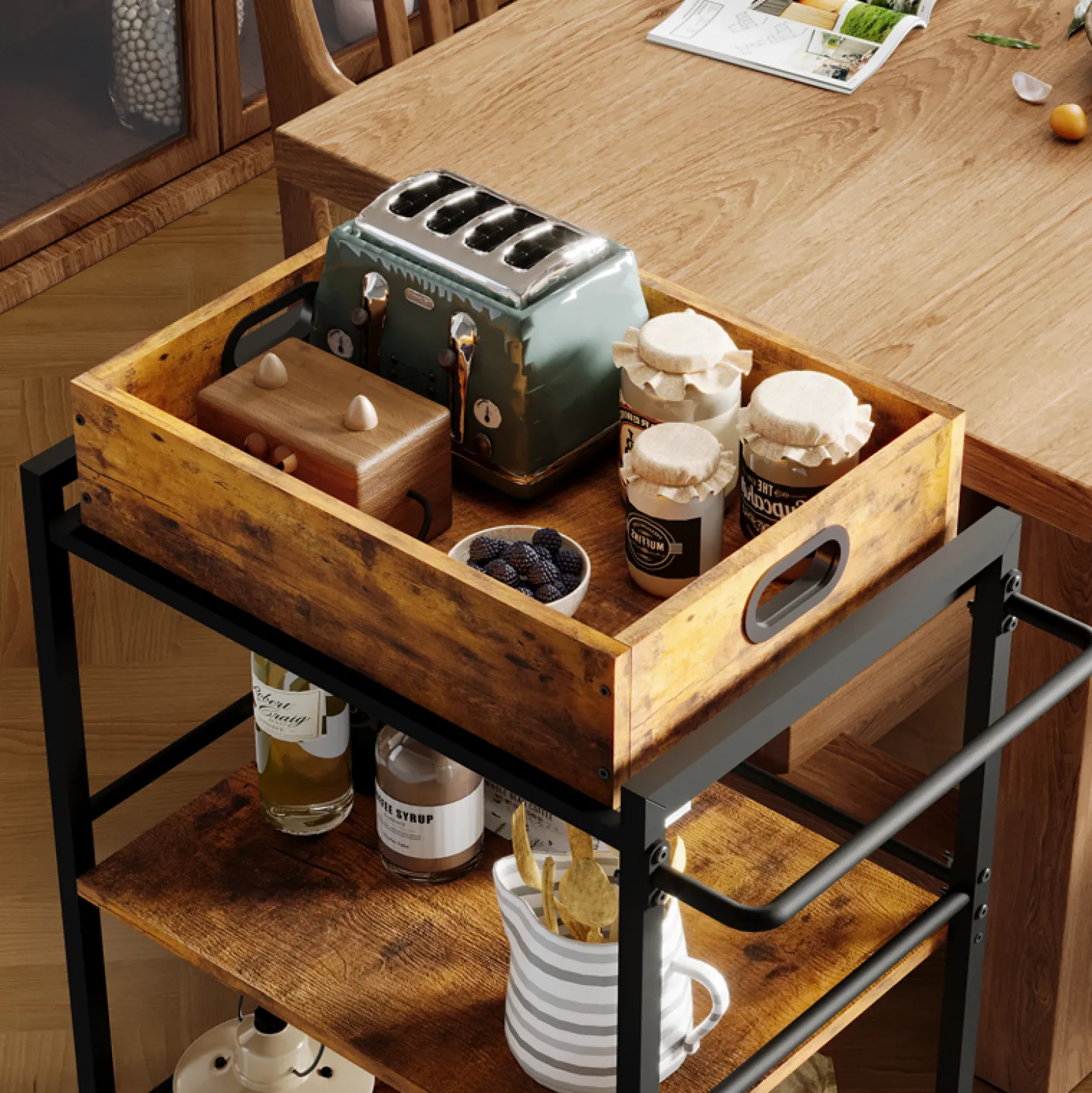 Wózek kuchenny zdejmowana taca brązowa vintage retro loft na kółkach 86 cm