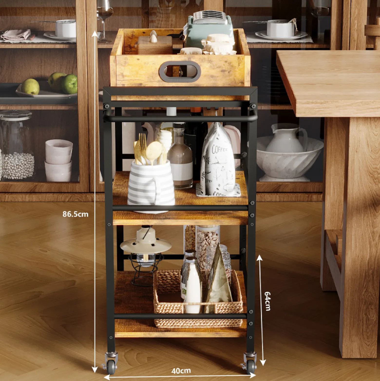 Wózek kuchenny zdejmowana taca brązowa vintage retro loft na kółkach 86 cm