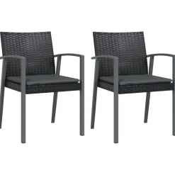 2x Krzesło Ogrodowe z Poduszkami Rattan Czarne Na Taras Balkon Ogród