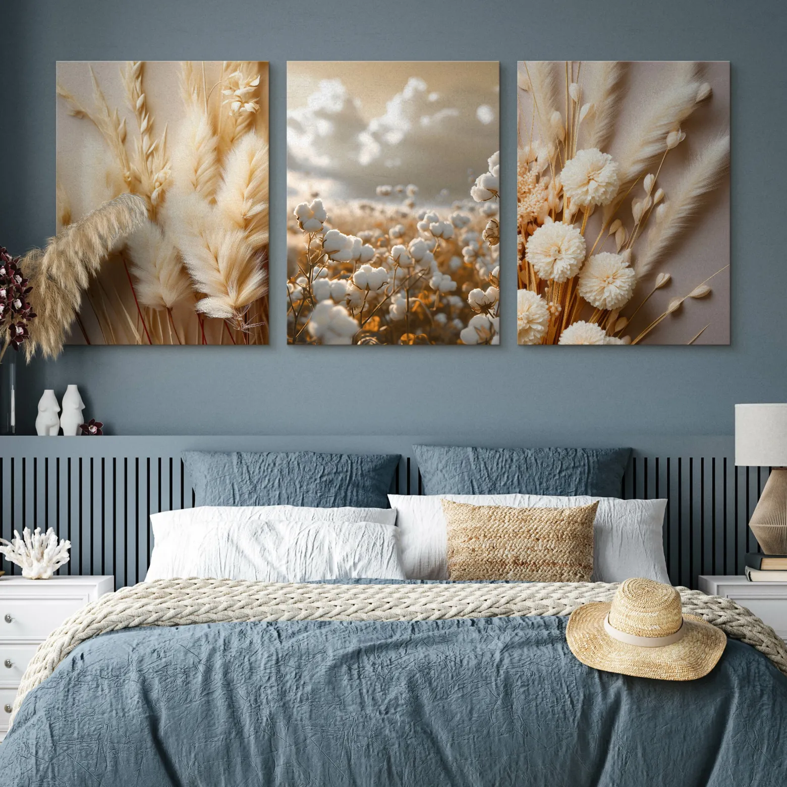 3x Obraz Set Kwiaty Bawełna Trawy Natura W Stylu Boho 30x40cm