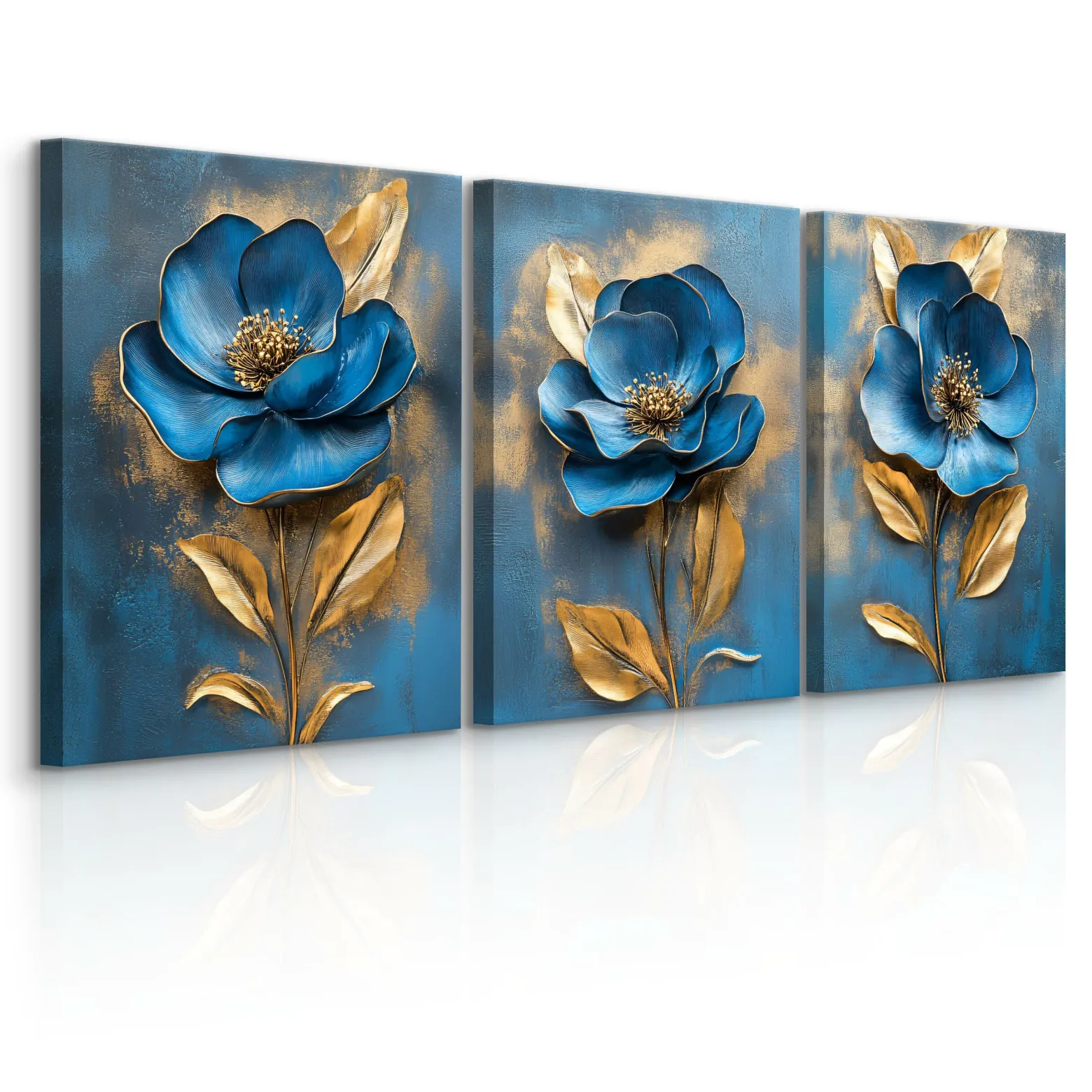 3x Obraz Set Niebieskie Abstrakcyjne Kwiaty 30x40cm