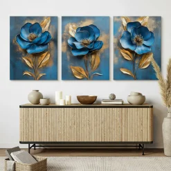 3x Obraz Set Niebieskie Abstrakcyjne Kwiaty 30x40cm