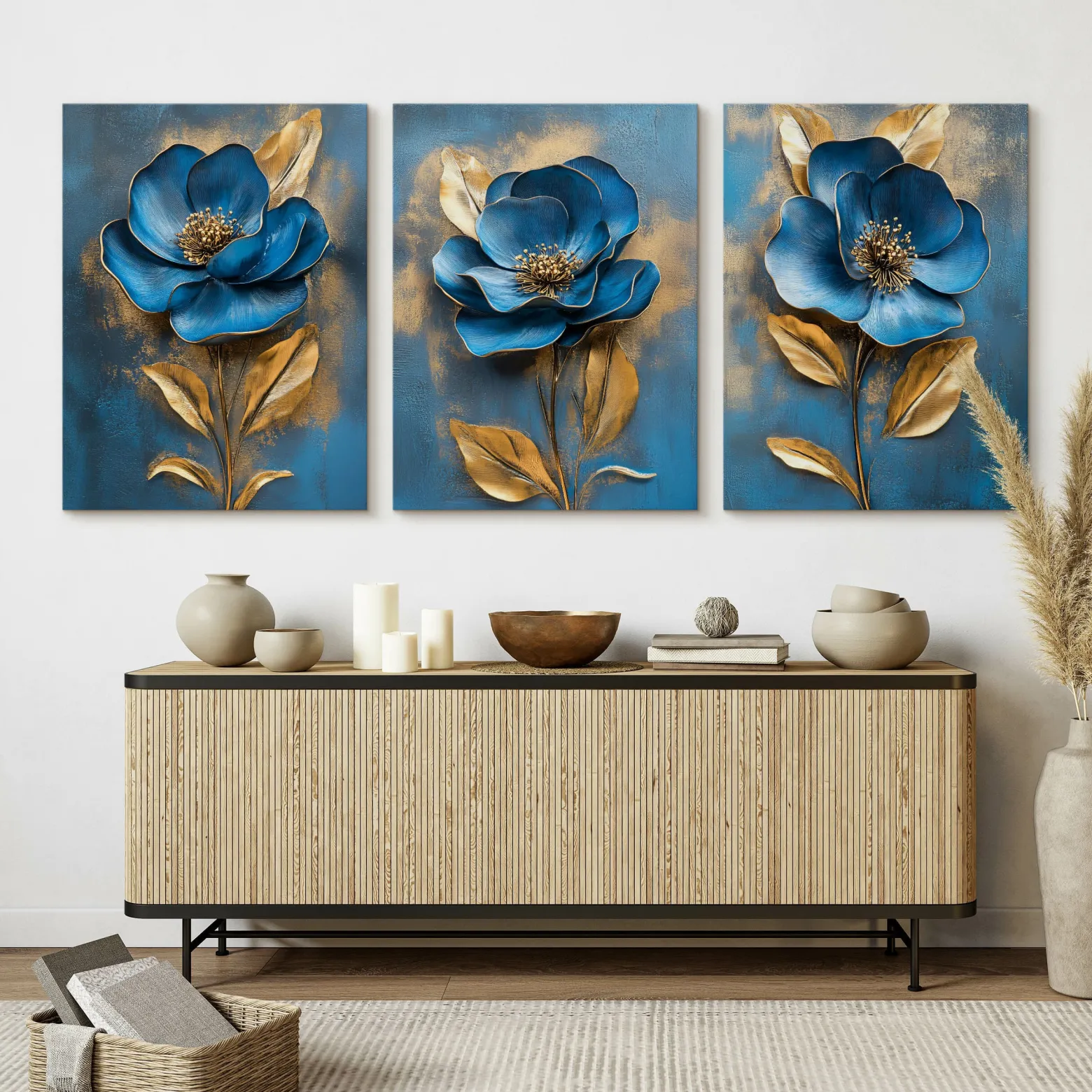 3x Obraz Set Niebieskie Abstrakcyjne Kwiaty 30x40cm