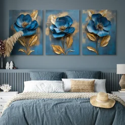 3x Obraz Set Niebieskie Abstrakcyjne Kwiaty 30x40cm