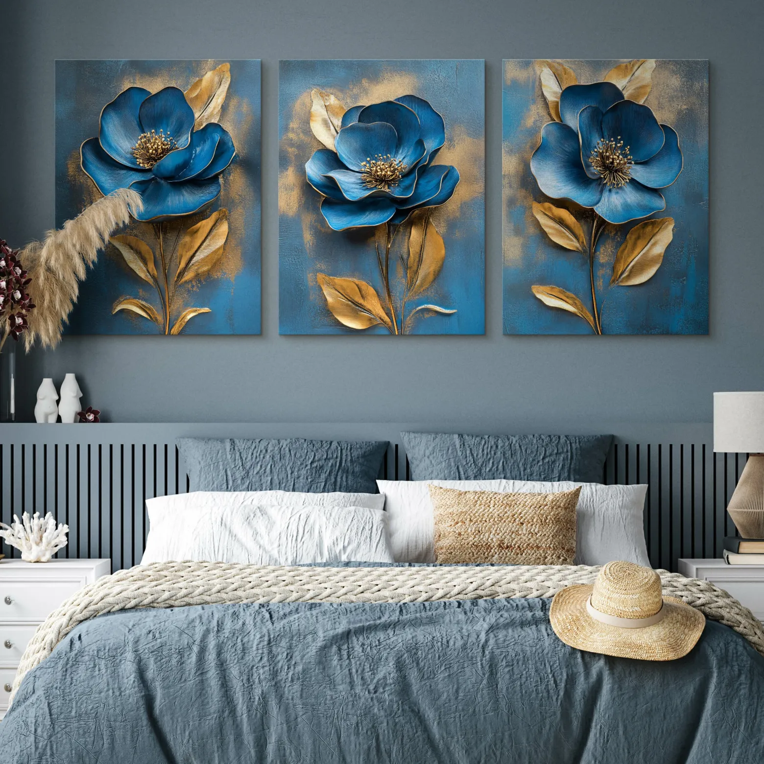 3x Obraz Set Niebieskie Abstrakcyjne Kwiaty 30x40cm