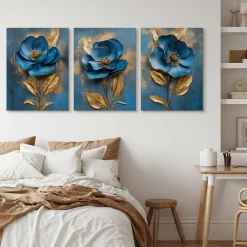 3x Obraz Set Niebieskie Abstrakcyjne Kwiaty 30x40cm