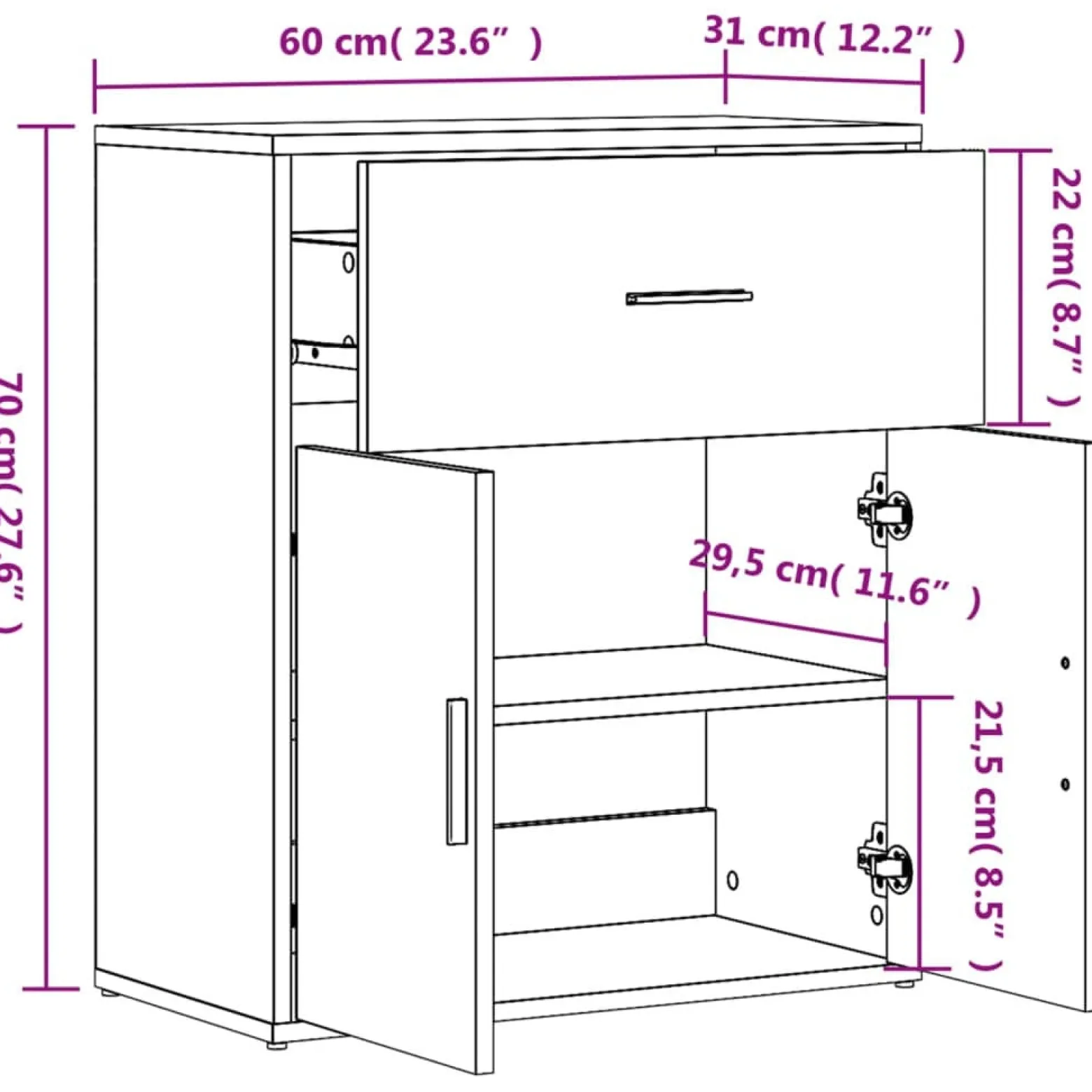 2x Szafka Biała z Drzwiami 60x31x70 cm do Salonu Pokoju Sypialni