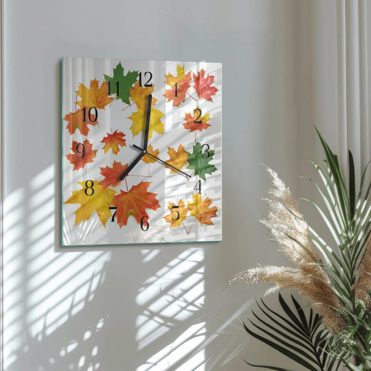 Zegar na szkle 30x30 Liście zegar ścienny