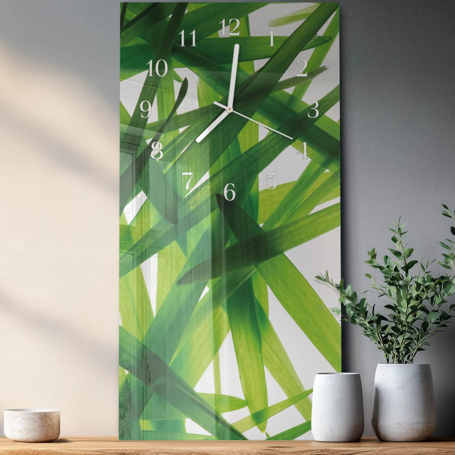 Zegar ozdobny 30x60 Liście Roślin szklany ścienny