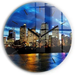 Zegar szklany ścienny do salonu Sydney Wieczorem fi30