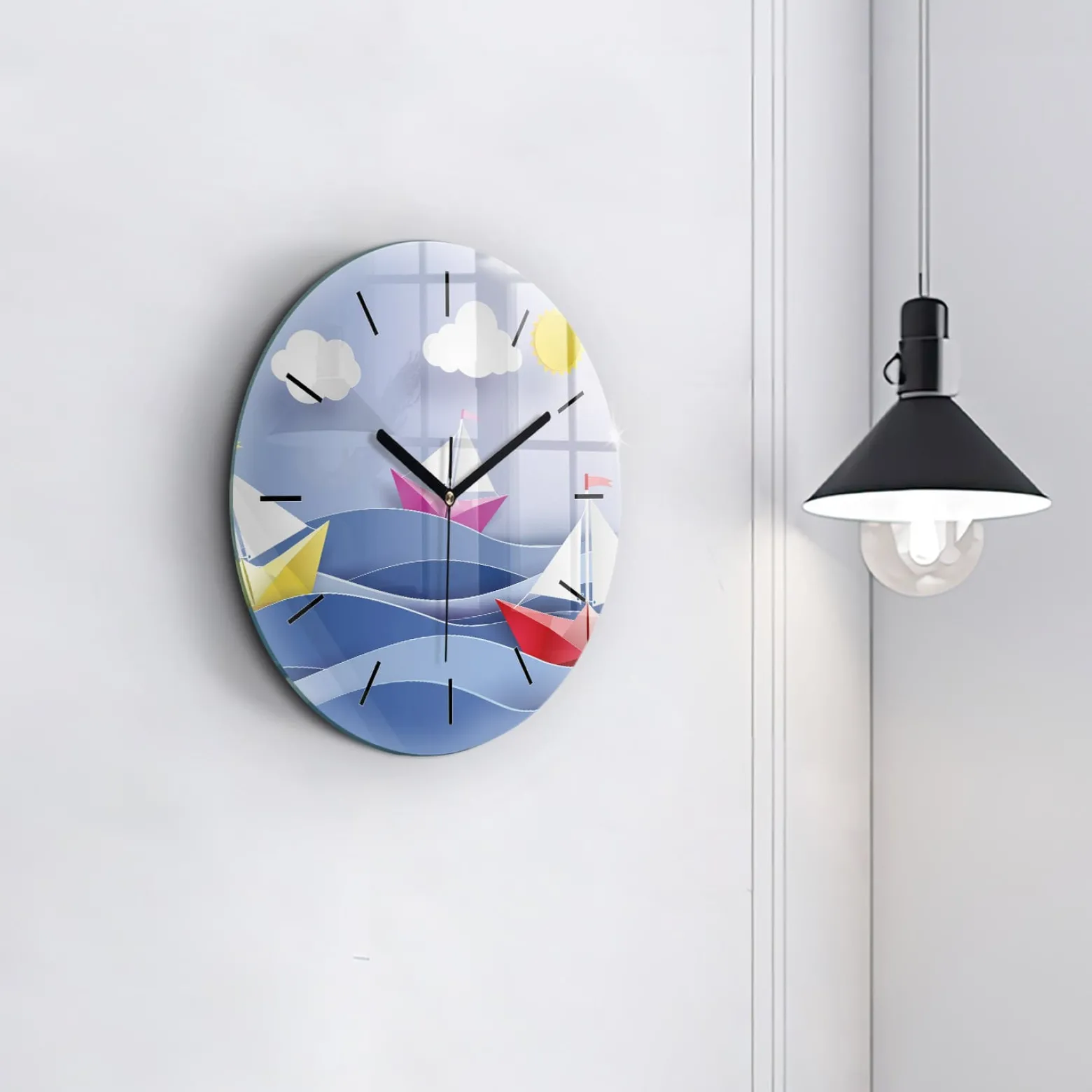 Zegar ścienny dekoracyjny cichy Origami kolorowe żaglówki